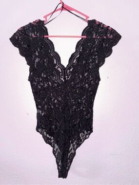 Love Tree Black Lace V-Neck Bodysuit - Women's Lace Top